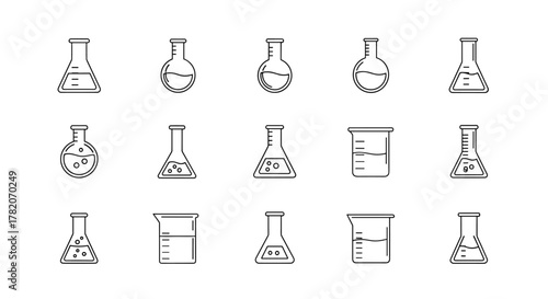 A collection of minimalistic thin line icons representing various laboratory flasks and beakers, perfect for web design, graphic design, apps, banners, social networks, and cards. This vector cartoon