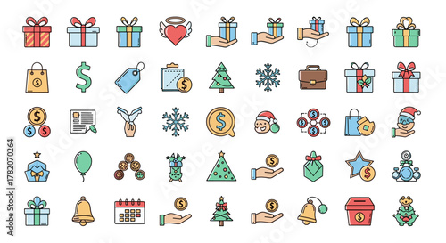 A vibrant collection of modern outline-style icons representing gifts, charity, holidays, and business concepts, featuring presents, shopping bags, dollar signs, snowflakes, Christmas trees, and