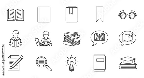 A clean and modern line icon set representing reading and education, featuring elements like an open book, closed books, a bookmark, glasses, a person reading, a student with a laptop, a stack of