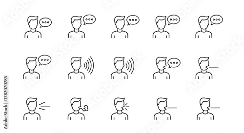 Set of minimalistic thin line icons representing a man talking, speaking, whispering, and communicating through speech bubbles, ideal for web, graphic design, apps, banners, and social networks