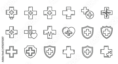 Collection of thin line icons representing medical crosses and hospital symbols, perfect for web, books, cards, and apps. Editable stroke vector cartoon illustration with various medical emblems