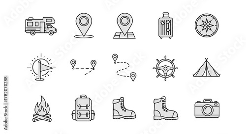 Collection of thin line icons representing travel and adventure, including a motorhome, map pins, baggage, compass, flag, route, steering wheel, tent, campfire, backpack, hiking boots, and camera