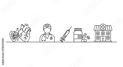 Minimalistic linear illustrations of hospital elements, including a heart, a doctor with a stethoscope, a syringe, a bottle of pills, and a clinic building, perfect for healthcare design projects