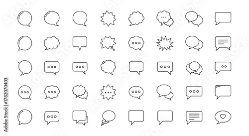 A comprehensive collection of minimalistic linear speech bubble icons, featuring various shapes and styles including standard, cloud-like, starburst, and overlapping designs, perfect for web, graphic
