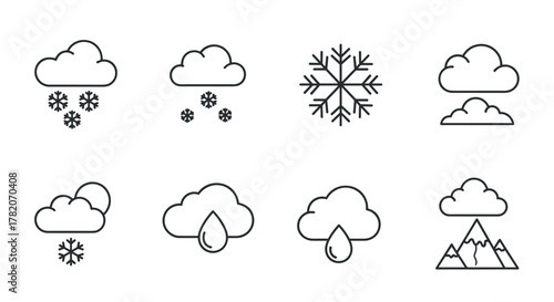 Set of modern outline style icons representing various weather conditions including snowfall, rain, clouds, and mountains, perfect for design elements on cards, apps, and social networks, presented