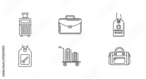 A minimalist collection of line icons representing various types of luggage and travel accessories, including a rolling suitcase, a briefcase, baggage tags, a luggage cart with suitcases, and a