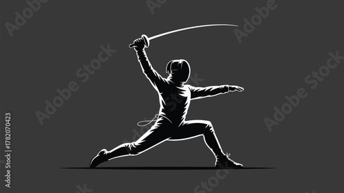 Dynamic fencer lunges forward with sword raised high, embodying intense focus and athletic prowess in a striking silhouette