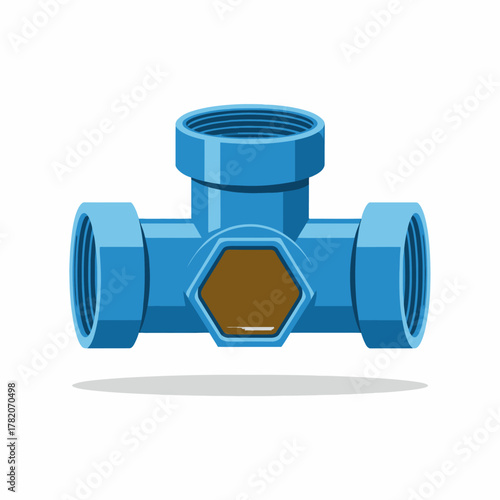 Isometric Blue Tee Plumbing Fitting Illustration for Pipes and Water Systems Isolated on White Background