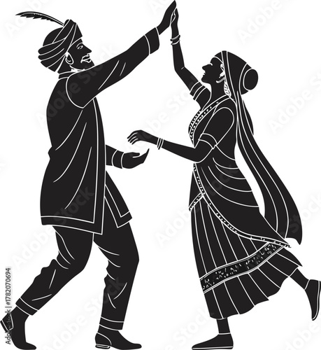 traditional indian dance with two people in cultural attire performing joyful motion in monochrome scene