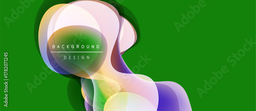 Abstract colorful shapes overlap green backdrop. Modern design elements create dynamic visual effect. Soft gradients enhance composition.