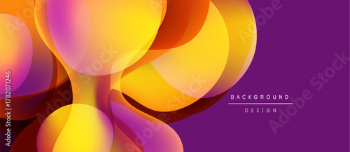 Abstract shapes overlap, creating vibrant orange, yellow, purple gradients. Modern design element for backgrounds, presentations.