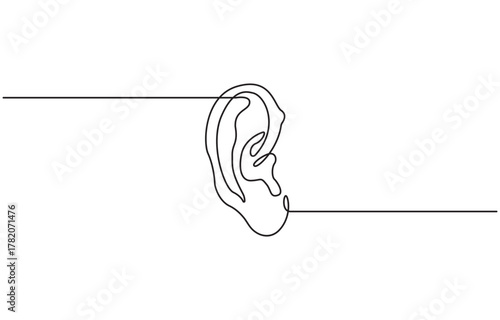 Human ear continuous one line art drawing, abstract, ear outline, minimalist, vector illustration on transparent background.