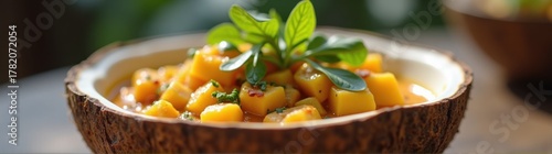 Bowl of coconut curry filled with tropical ingredients