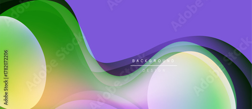 Abstract fluid shapes blend, creating vibrant purple, green, yellow gradients. Modern design suggests movement, energy, smooth transitions.