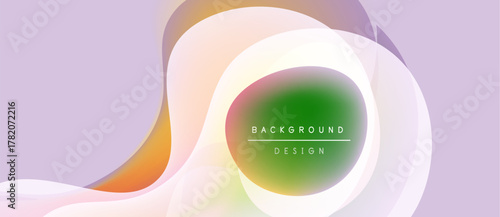 Abstract design features flowing shapes, soft colors. Green circle contains text background, design. Light purple backdrop complements vibrant hues.