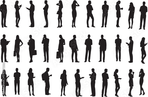 Collection of diverse people silhouettes standing and interacting with devices