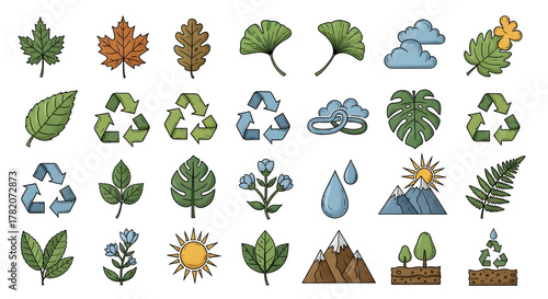 Set of hand-drawn color icons on an environmental theme, featuring leaves, recycling symbols, mountains, and weather elements for eco-friendly design