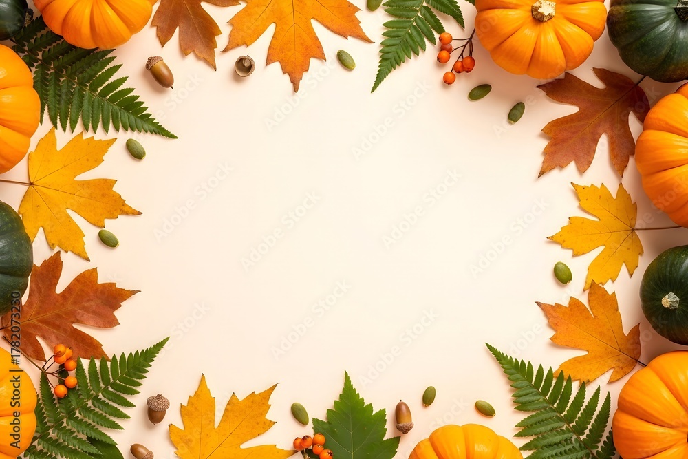 Fototapeta premium Frame of colorful autumn leaves and pumpkins on white background, banner template for Thanksgiving autumn harvest Halloween or seasonal invitation, with copyspace for text.