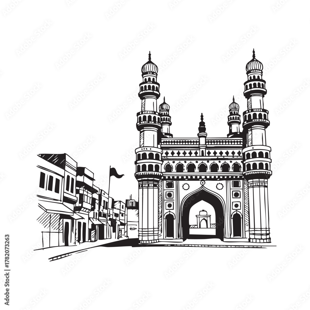 Fototapeta premium Black and white sketch of Charminar monument and street scene Hyderabad India 1