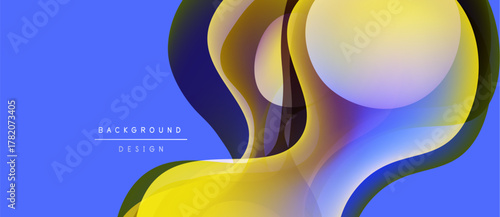 Abstract fluid shapes overlap, creating vibrant color gradients. Blue background complements yellow, purple hues. Modern design element.