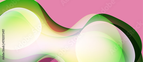 Abstract shapes overlap, creating soft gradients. Pink background complements green, yellow hues. Fluid design evokes movement, energy.