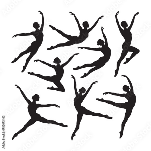 Black ballet dancers in various dynamic poses on white background ballet dancer silhouette