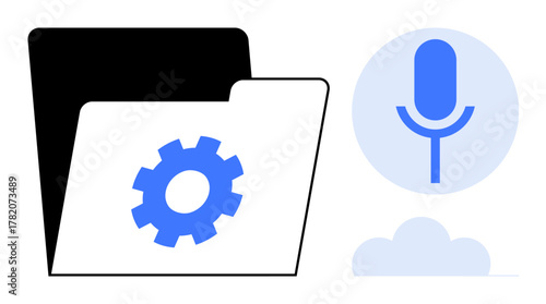 Open file folder with gear icon next to microphone and cloud. Ideal for data organization, voice technology, cloud storage, workflow automation, digital tools, tech systems, simple flat metaphor