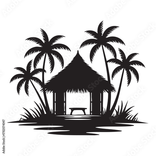 Black silhouette of a thatched roof hut with palm trees and grass white