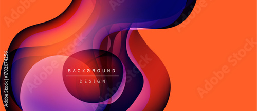 Abstract fluid shapes, vibrant colors blend. Orange background complements purple, red swirls. Modern design element.