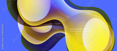 Abstract fluid shapes overlap, creating vibrant color gradients. Blue background enhances dynamic composition. Modern design element.