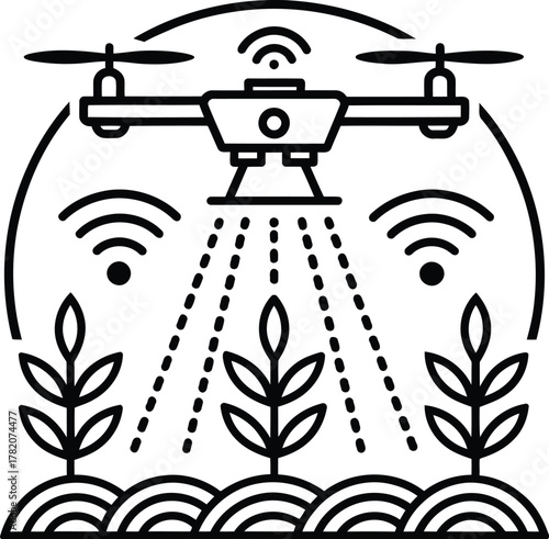 Outline illustration of a drone spraying crops in a field with wifi signals in the background