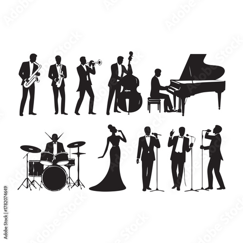 Black silhouettes of jazz band musicians playing instruments and singing black and white