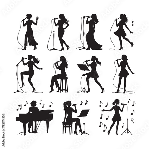 Black silhouettes of women singing and playing music with musical notes woman singer