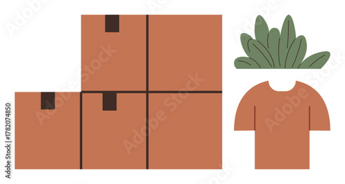 Brown shipping boxes stacked beside a minimalist orange t-shirt adorned with green plants. Ideal for eco-friendly packaging, sustainability, shipping, e-commerce, clothing, nature-inspired design