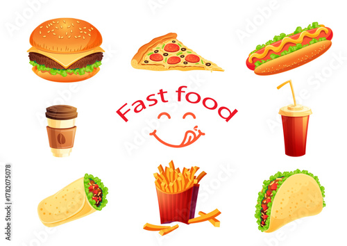 Illustration of Fast Food and Drinks Graphic Set Collection.