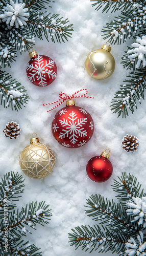 Christmas ornaments with snow and pine branches on white background  