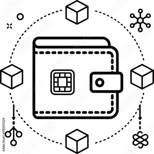 Outline illustration of a wallet with a chip surrounded by geometric shapes and dashed lines