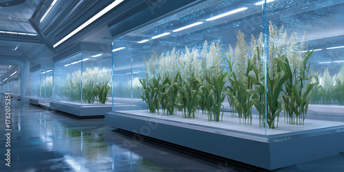 Interior of a futuristic plant cultivation environment, showcasing rows of thriving plants within illuminated transparent structures.
