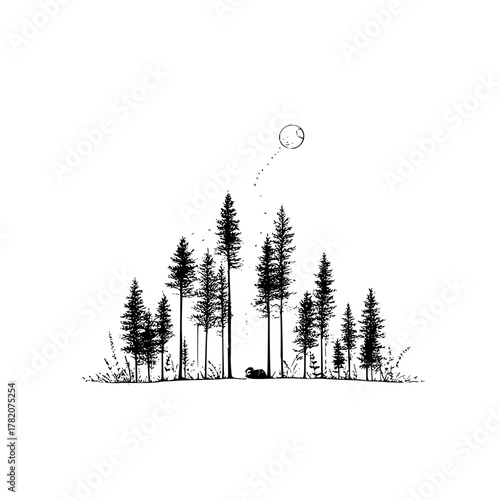 Silhouette of a forest with tall pine trees under a moonlit sky with birds in flight at night time
