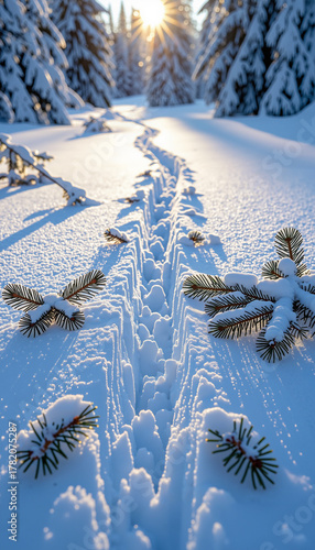 Snow-covered forest path with footprints and pine branches under sunlight  