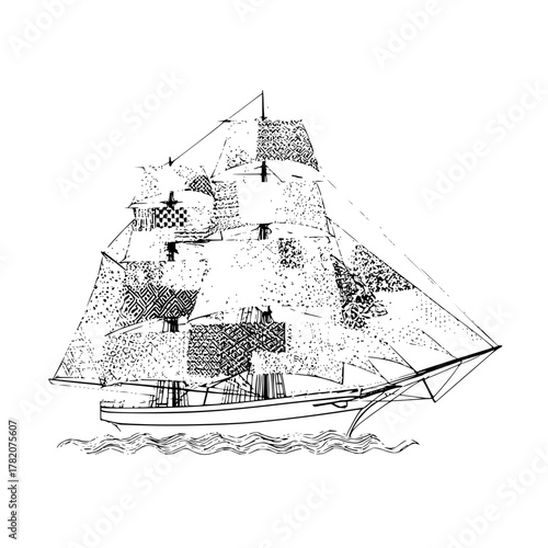 Illustration of a large sailing ship with patterned sails on water in black and white style art drawing