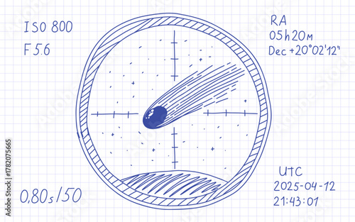 Blue Ballpen Scribble Comet 3I ATLAS Deep Space Visitor Cosmic Object Illustration. Hand Drawn Vintage Scientific Astronomy Art For Social Media Post