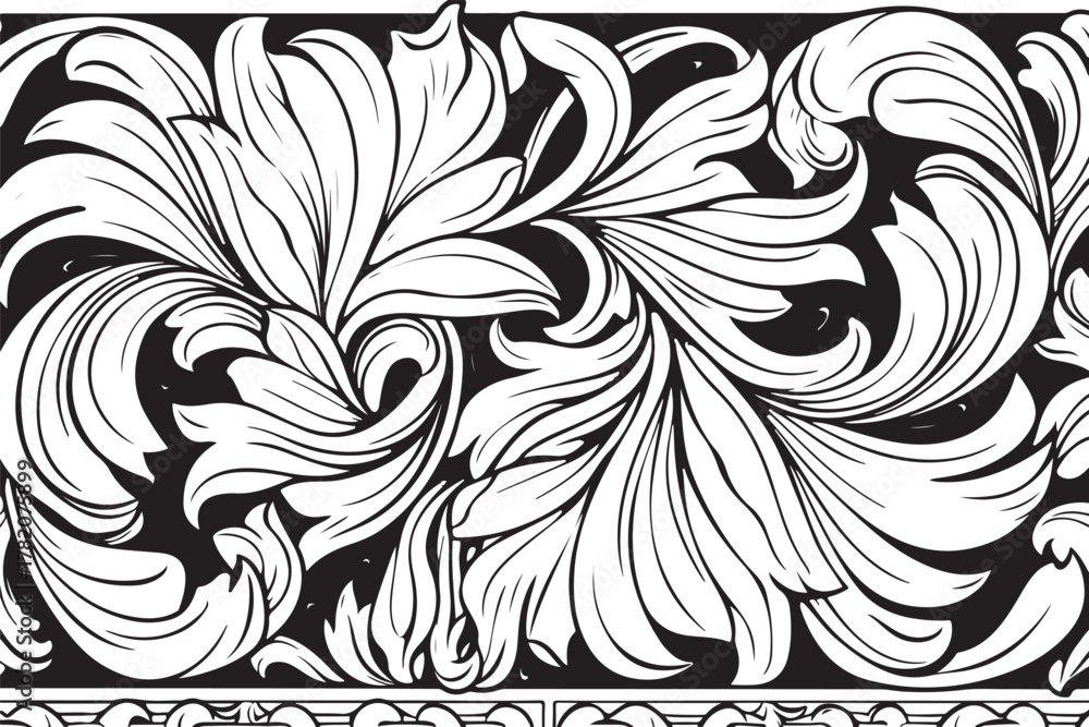 Fototapeta premium Ornate floral scrollwork border pattern silhouette
