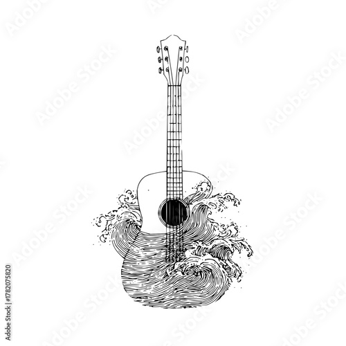 Illustration of an acoustic guitar with ocean waves wrapping around the body in black and white drawing style