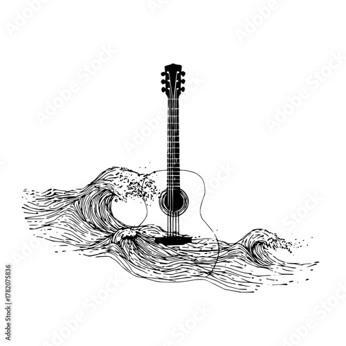 Acoustic guitar standing amidst stylized waves in black and white line art illustration design