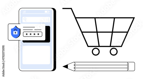 Mobile device with password icon, shopping cart, and pencil, representing secure e-commerce transactions. Ideal for online shopping, data security, e-commerce, technology, user interface payment