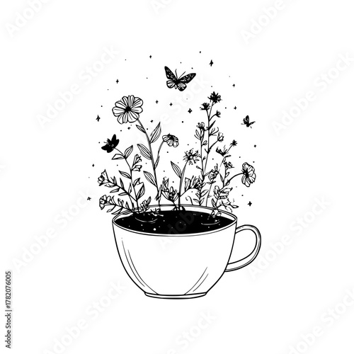A whimsical drawing of flowers growing out of a teacup with butterflies in a black and white sketch style