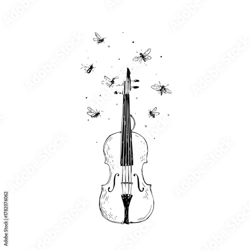 A monochrome sketch of a railway track curving through a sparse landscape with bare trees and shrubs drawn