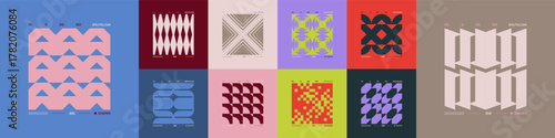 Mosaic of brutal figures, Kit of Postmodern geometric compositions with abstract shapes in brutalism aesthetics, trendy color retro futuristic elements, vector modernist ornament, cards art 21