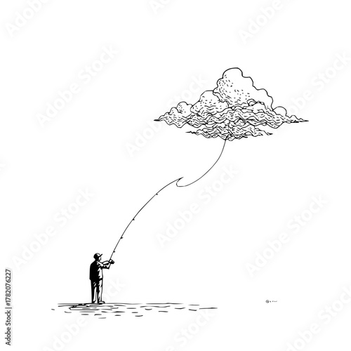 Snow globe with a mountain landscape floating above water and trees inside the glass sphere art